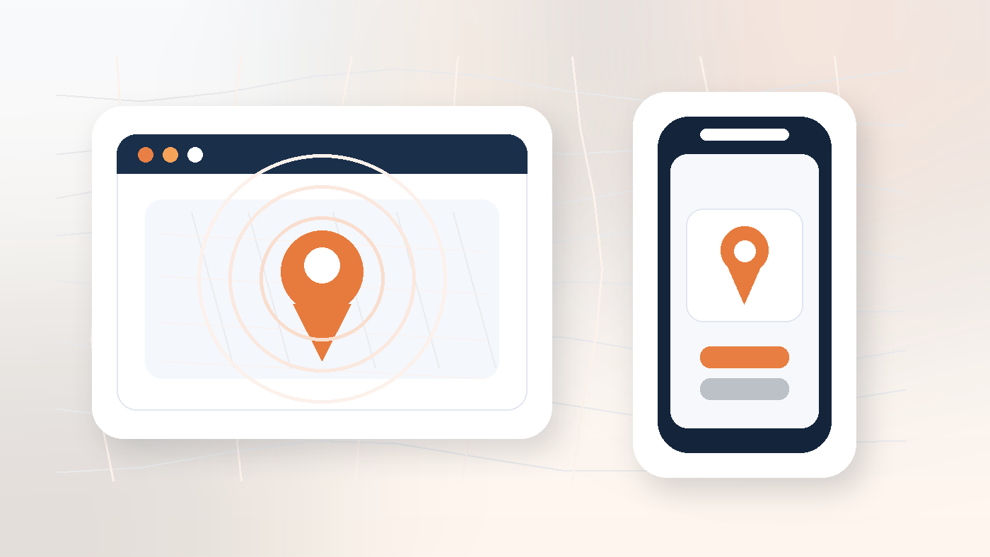No-text location privacy illustration showing a browser map, phone, and location pin