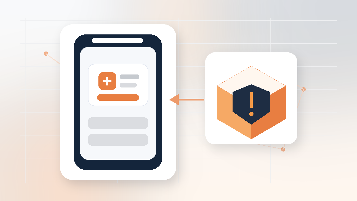 No-text mobile app security illustration showing a phone, package icon, and warning shield